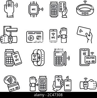 Nfc technology icons set. Outline set of nfc technology vector icons for web design isolated on white background Stock Vector