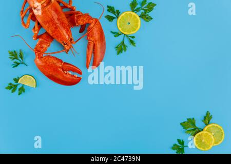 Prepared crab lobster with citrus and parsley on blue surface. Top view. Stock Photo