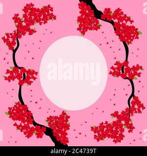Greeting card with blossoming Sakura branches on a light pink background with place for your text, hand drawing vector illustration Stock Vector