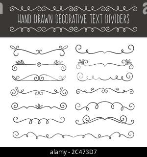 Calligraphic design set. 13 swirl single line ornaments. Page decoration elements isolated on white background. Vector illustration. Stock Vector
