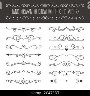 Calligraphic design set. 14 swirl single line ornaments. Page decoration elements isolated on white background. Vector illustration. Stock Vector
