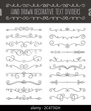 Calligraphic design set. 20 swirl single line ornaments. Page decoration elements isolated on white background. Vector illustration. Stock Vector
