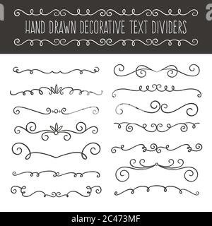 Calligraphic design set. 14 swirl single line ornaments. Page decoration elements isolated on white background. Vector illustration. Stock Vector