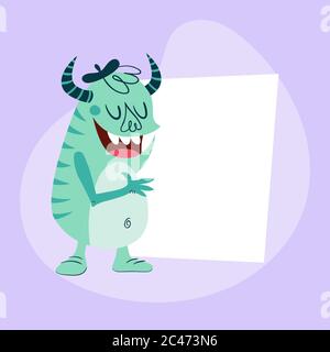 Funny monster holding a blank card. Cartoon retro style character in blue color, with horns and a cool beret. Vector illustration, perfect for greetin Stock Vector