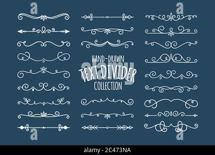 Decorative swirls dividers. Single line white calligraphic swirl ornaments on dark background. Vector illustration. Stock Vector