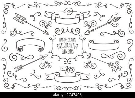 Hand drawn vintage swirl ornaments and ribbons isolated on white background. Perfect for invitation card design and page decoration. Vector illustrati Stock Vector