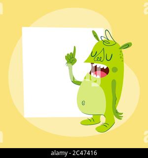 Funny monster with a blank card behind. Retro cartoon style character in green color, is giving a lesson or teaching. Vector illustration, perfect for Stock Vector