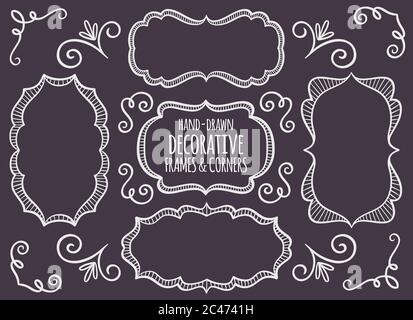 Collection of cute hand drawn frames and calligraphic elements. Blackboard background. Decorative elements set. Vector illustration. Stock Vector