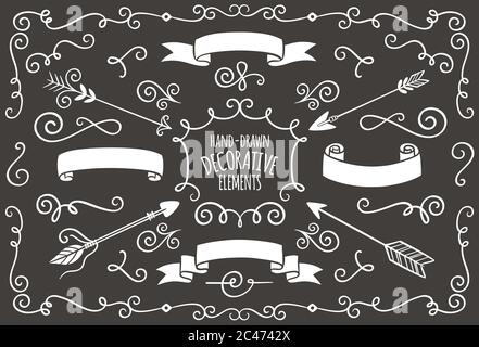 Hand drawn vintage swirl ornaments and ribbons on dark background. Perfect for invitation card design and page decoration. Vector illustration. Stock Vector