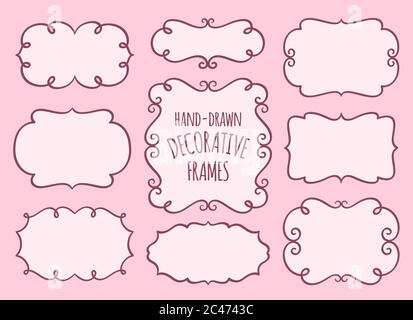 Hand drawn frames and calligraphic elements with pink background. Decorative elements collection. Vector illustration. Stock Vector