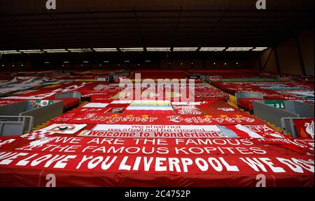 A general view of flags and banners in the stands before the Premier League match at Anfield, Liverpool. Stock Photo