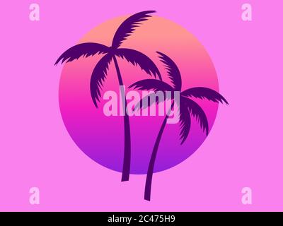 Two palm trees against a gradient sun in the style of the 80s. Synthwave and retrowave style. Violet color. Vector illustration Stock Vector