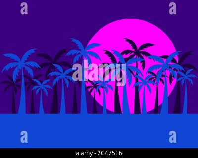 Palm trees in blue and pink. Fashionable color trends for printing, advertising and printing. Summer time 80s retro sci-fi. Vector illustration Stock Vector