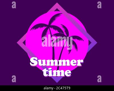 Summer time 80s retro sci-fi palm trees on a sunset. Synthwave and retrowave style. Violet color. Vector illustration Stock Vector