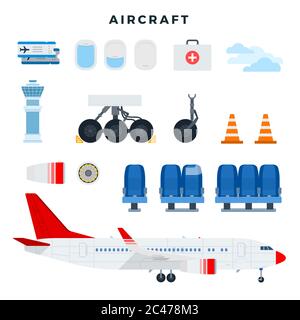 Aircraft and its components. Set of aircraft parts, isolated on white background. Vector illustration Stock Vector
