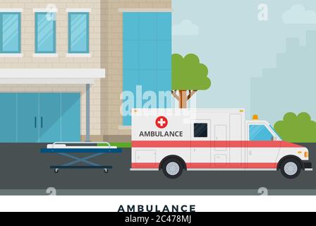 Ambulance in the courtyard vector flat illustration. Stock Vector