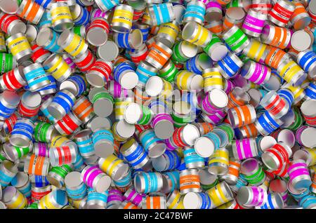 Background from colored paint cans topview, 3D rendering Stock Photo