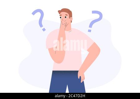 Confused person, guy thinking and solving a problem, young troubled man with question mark, flat vector illustration, puzzled character Stock Vector