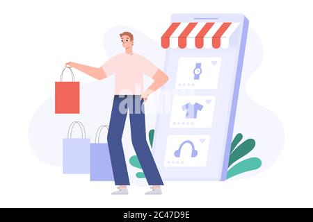 Online shopping concept, happy customer with shopping bags, delivered orders, smartphone screen with goods, online store app for e-shopping from home Stock Vector