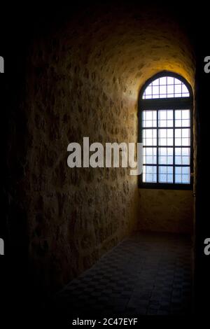 Vertical inside view from an old castle window Stock Photo