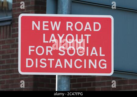 Eastleigh Hampshire, UK. June 24th 2020, New temporary road sign indicating road layout changes and pedestrianisation of town centre, Eastleigh, Hampshire, UK Credit: Dawn Fletcher-Park/Alamy Live News Stock Photo