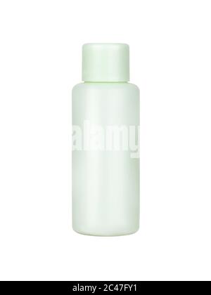 Simple blank а plastic bottle for a light green cosmetic, isolated on a white background. Stock Photo