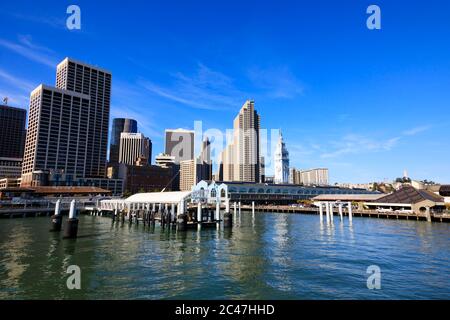 “San Francisco” skyscraper skyline at the Port of San Francisco ferry pier. California, United States of America. Stock Photo