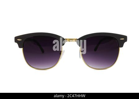 Black thick frames flat top clubmaster sunglasses with round bottom golden frames and black gradient lenses isolated on white background. Front View. Stock Photo