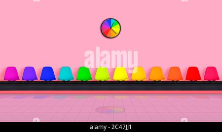 Pink waiting room with empty chairs in rainbow colors. Organized waiting room with one hour assigned for each chair. Cheerful interior design. Image c Stock Photo
