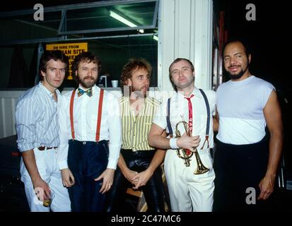 Genesis in concert on their Mama Tour at the NEC Birmingham 26th February 1984: left Tony Banks, Daryl Stuermer,Mike Rutherford,Phil Collins and Chest Stock Photo