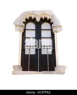 Beautiful Arabesque - Manueline marble window and surround. Beja, Alentejo region, Portugal. Isolated on white. Stock Photo