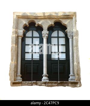 Beautiful Arabesque - Manueline marble window and surround. Beja, Alentejo region, Portugal. Isolated on white. Stock Photo