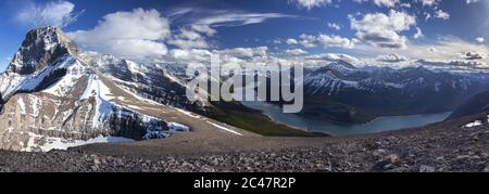 Wide Panoramic Springtime Landscape of Spray Lakes and Snowcapped Mountain Peaks, Alberta Kananaskis Country from Windtower Summit, Canadian Rockies Stock Photo