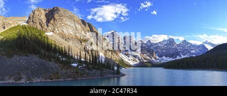 Wide Panoramic Landscape Scenery of Famous Moraine Lake and Rugged Alberta Mountain Peaks in Canadian Rockies, Banff National Park