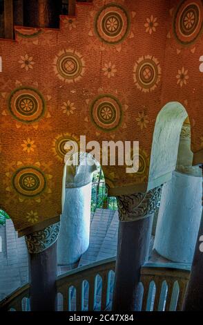 Decorative Spanish tile accents on walls and red brick steps leading up stairs at the historic Santa Barbara County Courthouse in Santa Barbara, CA Stock Photo