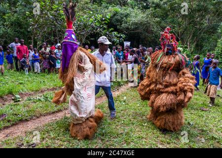 Mende people dance with gbeni mask in Gola Rain Forest Stock Photo