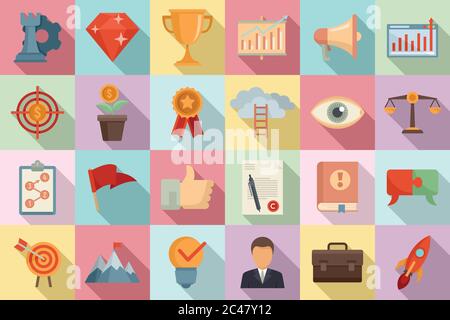 Mission icons set. Flat set of mission vector icons for web design Stock Vector