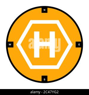 Orange landing pad for drones with direction markings, isolated on a white background. High-visibility helipad icon for remotely-operated aircraft. Stock Vector