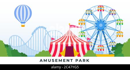 Amusement park with rides and carousels. Vector flat illustrations. Stock Vector