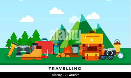 Traveling. Mountain trip. Vector flat illustrations. Beautiful mountain scenery for relaxation. Stock Vector
