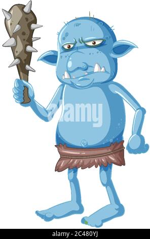 Blue goblin or troll holding hunting tool in cartoon character isolated illustration Stock Vector