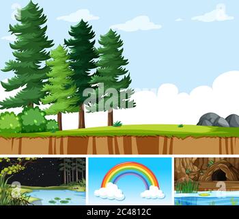 Four different scenes in nature setting cartoon style illustration Stock Vector