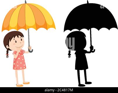 Girl holding umbrella in colour and silhouette illustration Stock Vector