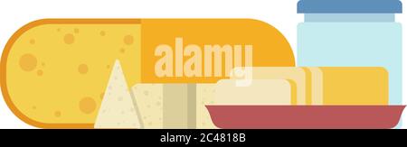 Pieces of cheese, butter on a plate and sour cream Stock Vector