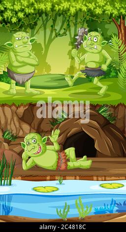 Goblins or trolls with cave forest house in cartoon style illustration Stock Vector