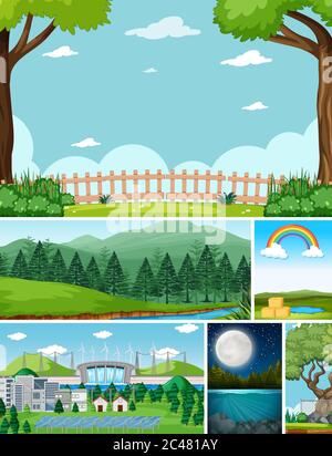 Six different scenes in nature setting cartoon style Stock Vector Image ...