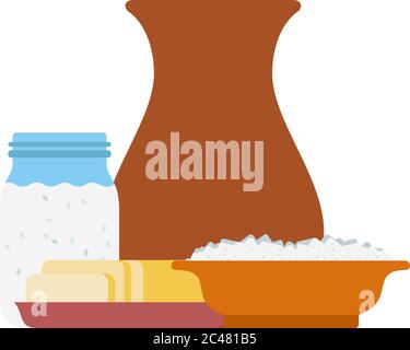 Dairy products in clay and glass ware vector flat isolated Stock Vector