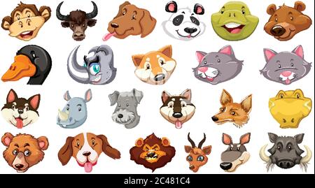 Set of different cute cartoon animals head huge isolated on white background illustration Stock Vector