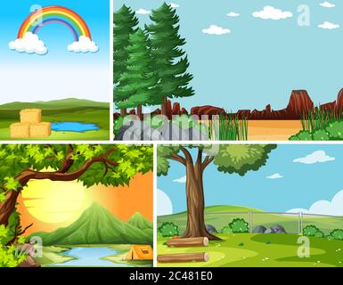 Four different scenes in nature setting cartoon style illustration Stock Vector