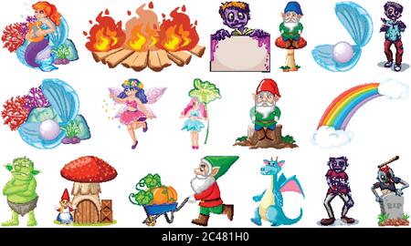 Set of fantasy cartoon characters and fantasy theme isolated on white background illustration Stock Vector